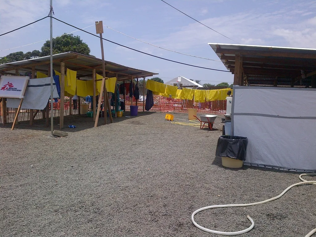 MSF Ebola treatment unit with decontamination area and MSF signage