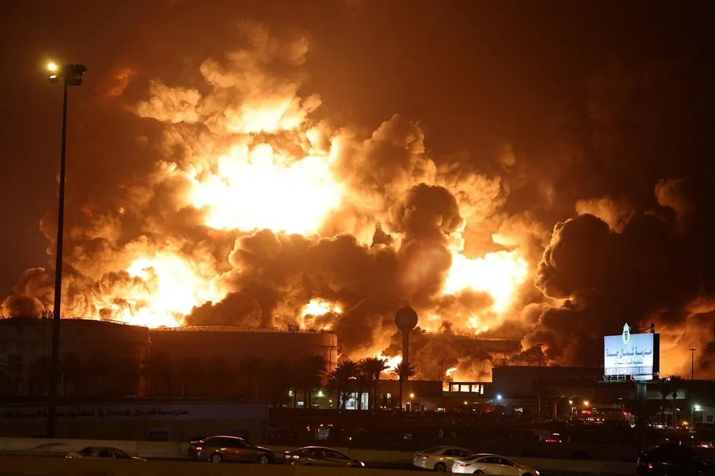 Flames and smoke rise from an Aramco oil facility fire at night in Saudi Arabia