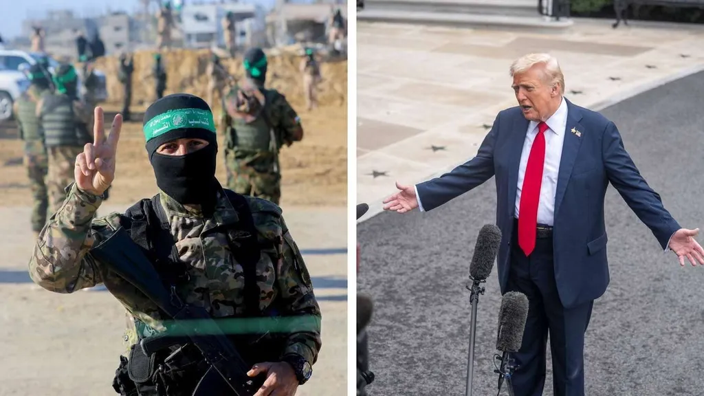 A Hamas fighter in Gaza alongside Donald Trump addressing reporters
