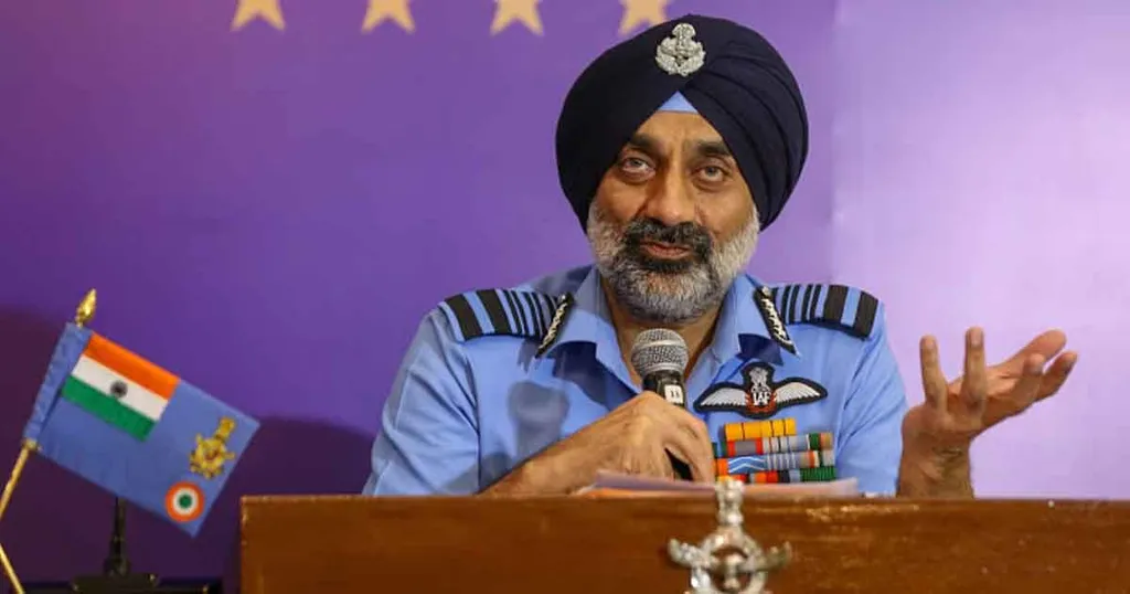 The Indian Air Force chief speaks at a press event