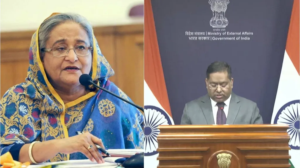 Sheikh Hasina speaking (left) alongside an Indian foreign ministry official at a podium