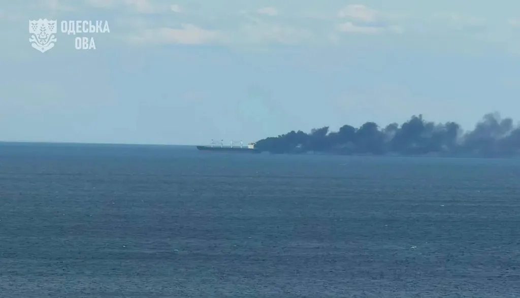 Cargo ship emitting thick black smoke at sea off the Odesa coast