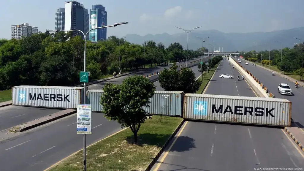 Shipping containers block a road in Islamabad