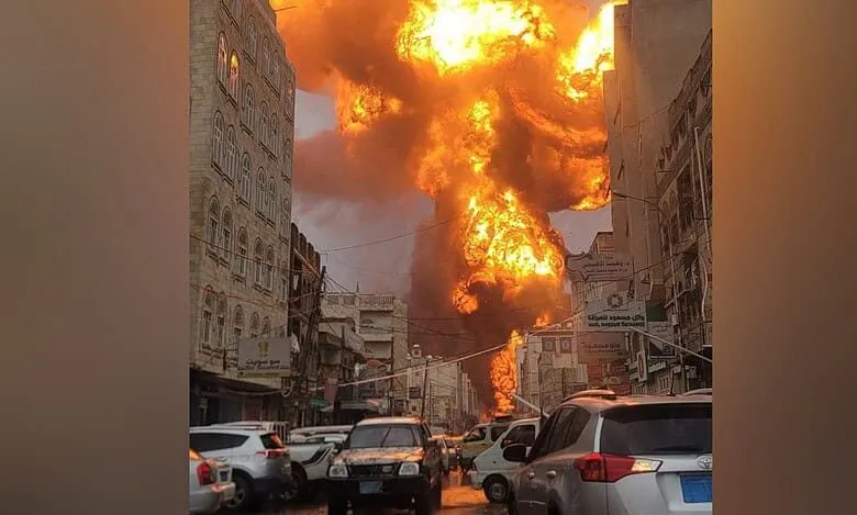A huge fireball from an airstrike rises over a street in Yemen's capital Sanaa