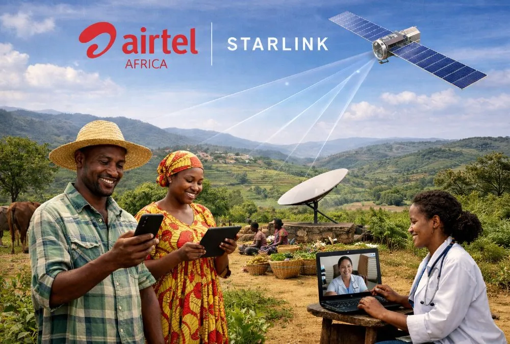 Airtel Africa and Starlink promotional graphic showing rural Africans connecting via satellite internet