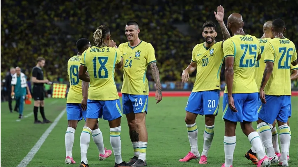 Brazil players celebrate a goal during the friendly win over India