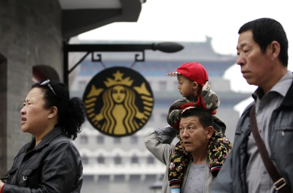A Starbucks store sign outside a shop in China with passers-by
