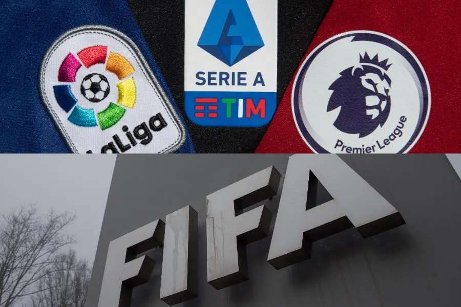 LaLiga, Serie A and Premier League badges above a FIFA sign
