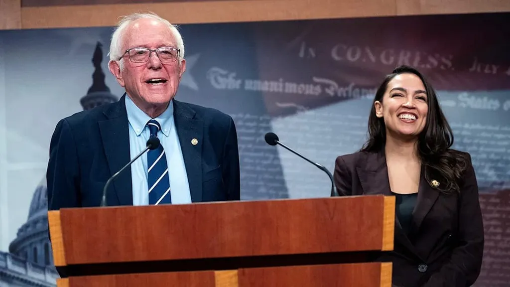 Bernie Sanders and Alexandria Ocasio-Cortez at a Senate press conference