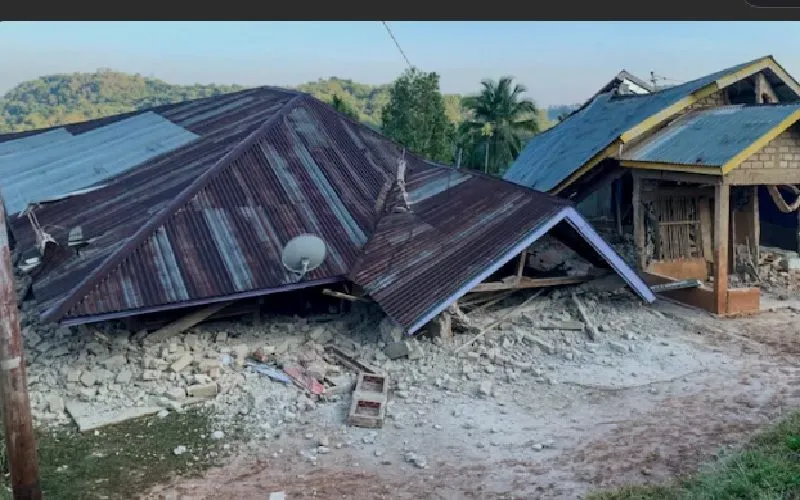 Houses collapsed and damaged by twin earthquakes in Indonesia