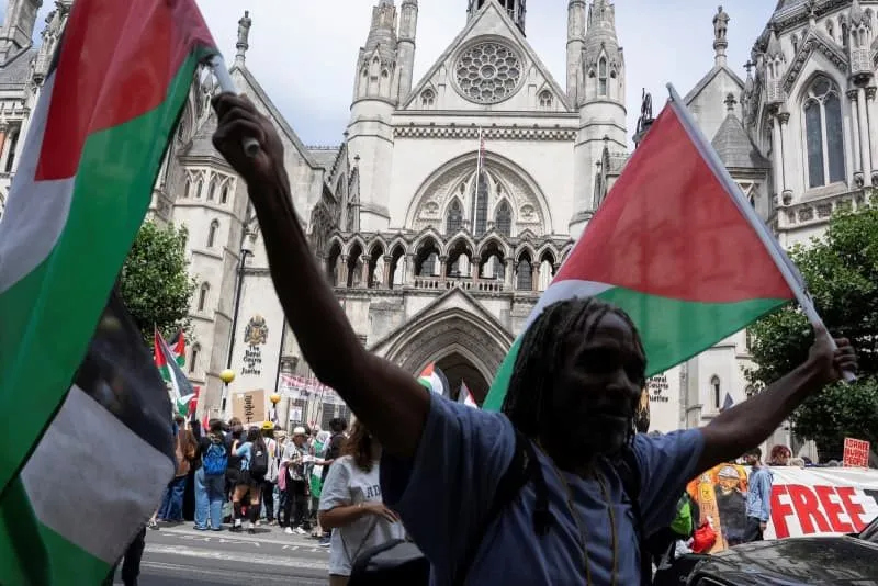Pro-Palestine demonstrators waving flags outside the Royal Courts of Justice in London