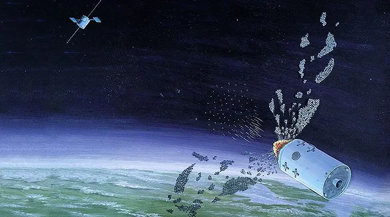 Artist's illustration of a Cold War spy satellite breaking apart in orbit and scattering debris