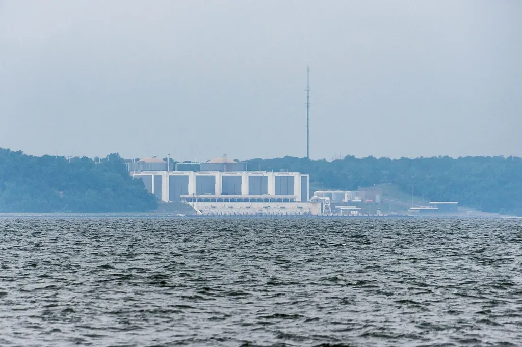 The Calvert Cliffs Nuclear Power Plant viewed from the Chesapeake Bay, Maryland