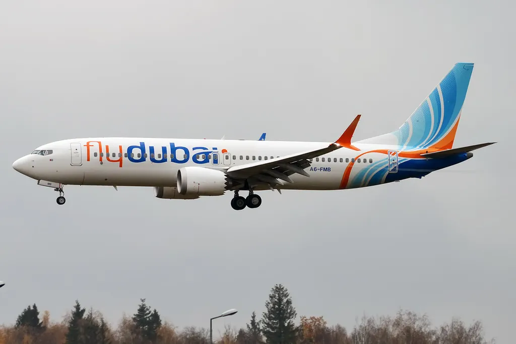 A Flydubai Boeing 737 MAX 8 airliner in flight