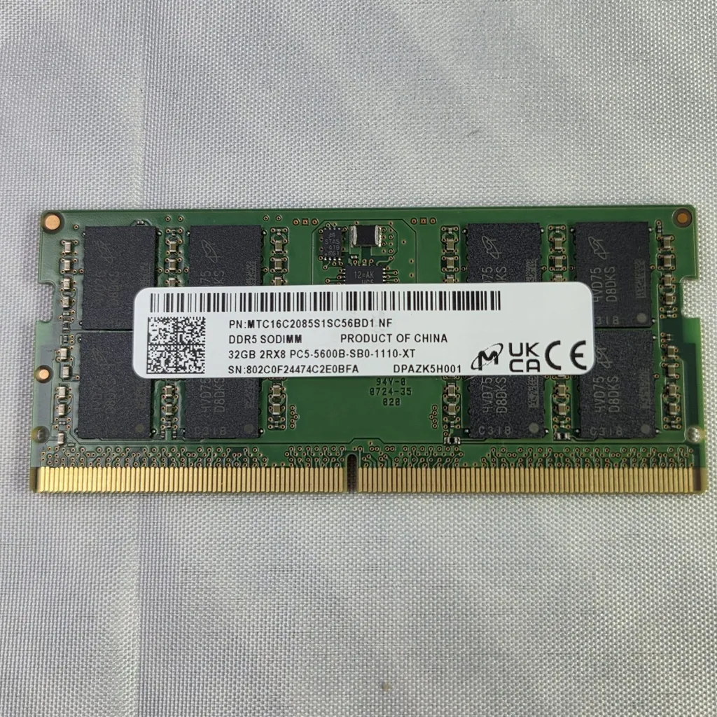 Front view of a Micron 32GB DDR5-5600 SO-DIMM memory module