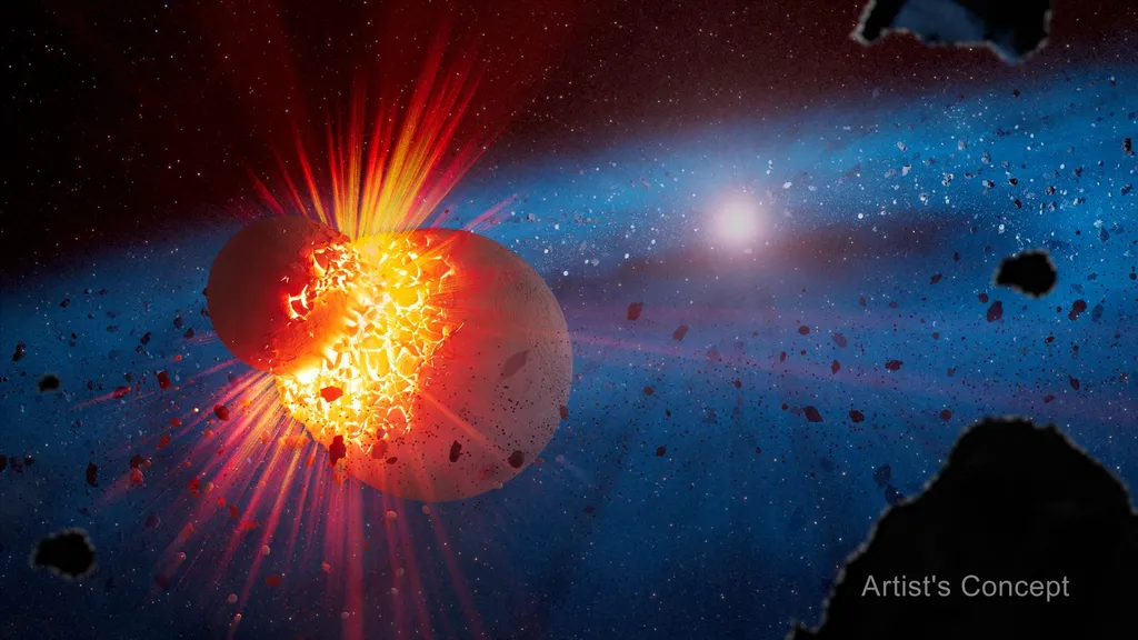 Artist's concept of a star with a blue debris disk of rocky fragments, with two colliding planetary bodies and glowing impact debris